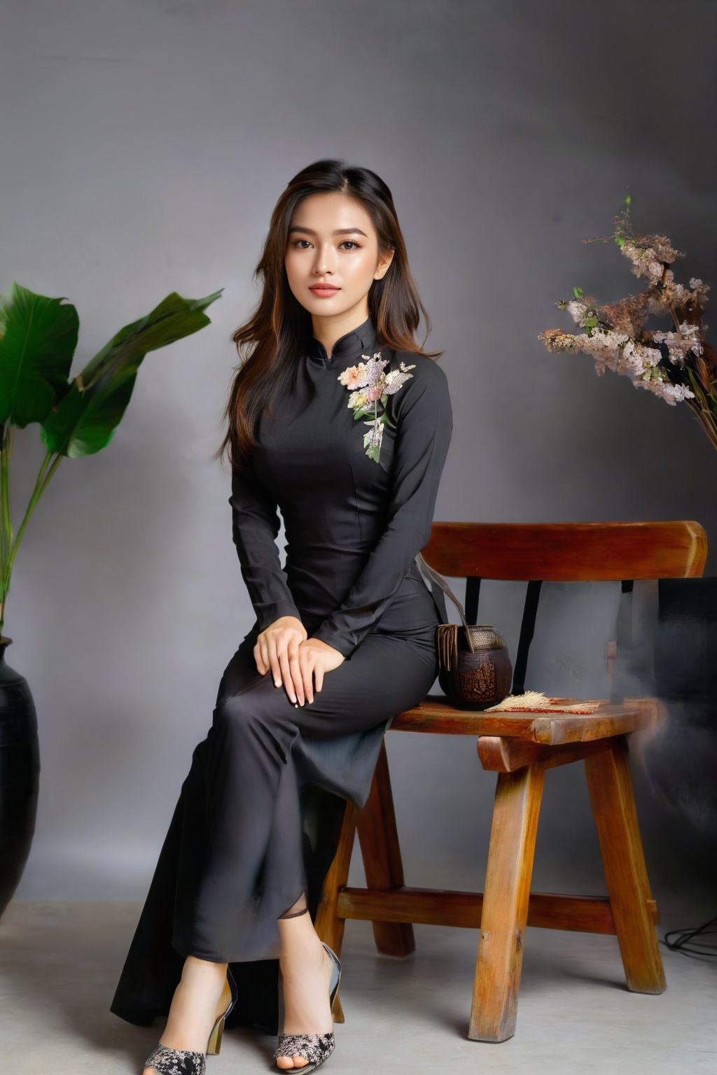 A portrait of a beautiful Vietnamese girl in a black ao dai is seated on a wooden chair with a grey background behind her....