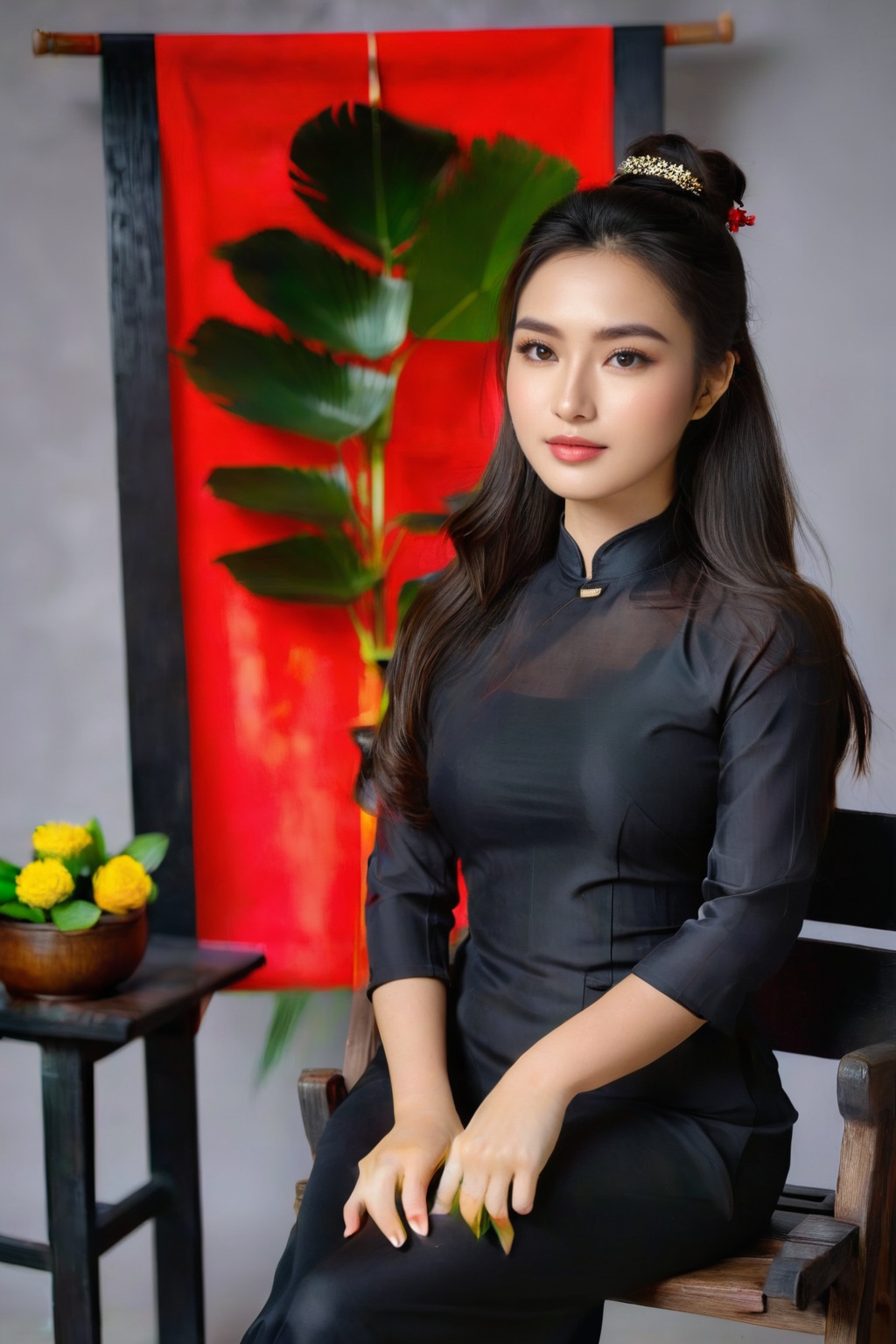 A portrait of a beautiful Vietnamese girl in a black ao dai is seated on a wooden chair with a grey background behind her....