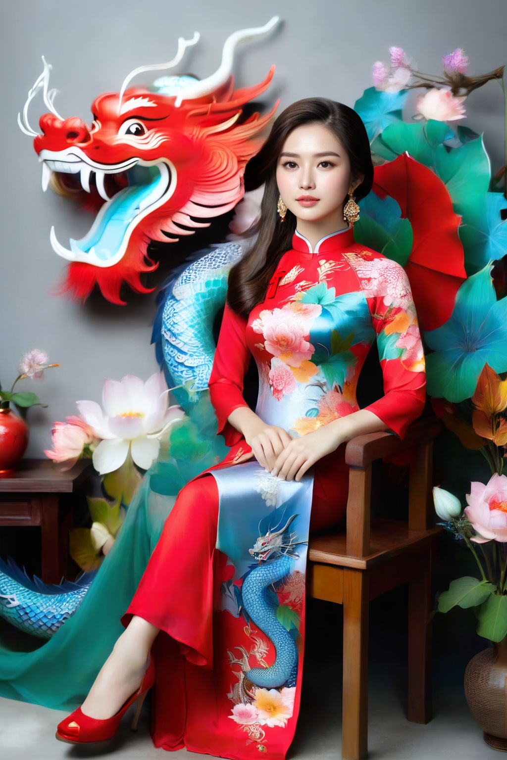 A portrait of a beautiful Vietnamese girl in a red ao dai with dragon and floral pattern,  is seated on a wooden chair wit...