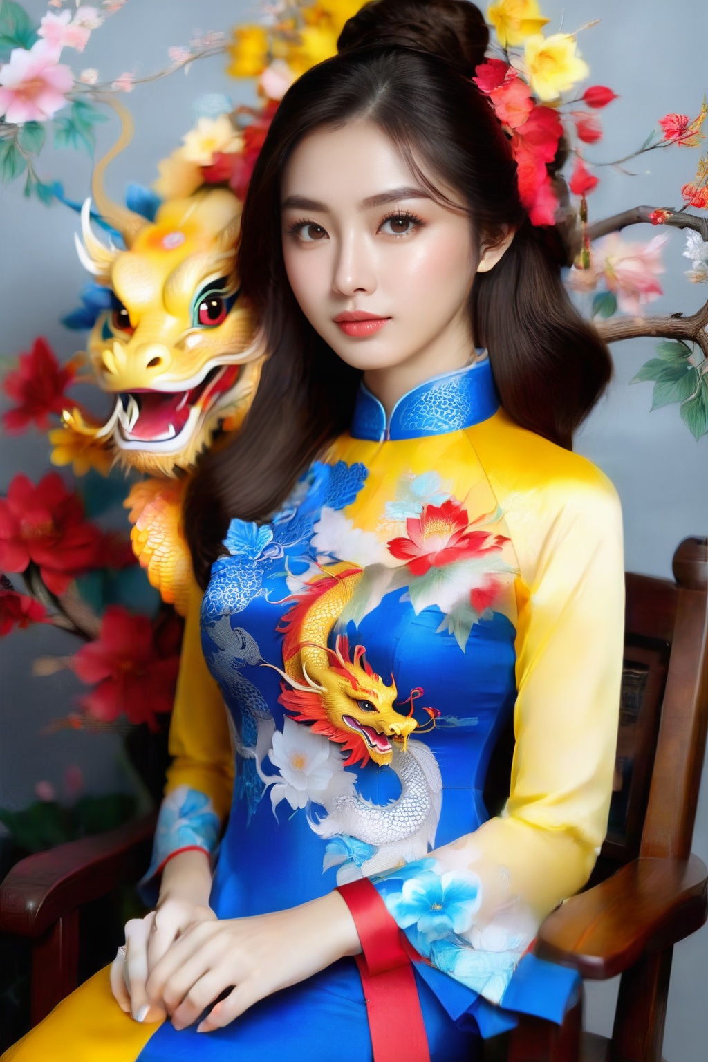 A portrait of a beautiful Vietnamese girl in a blue yellow ao dai with dragon and floral pattern,  is seated on a wooden c...