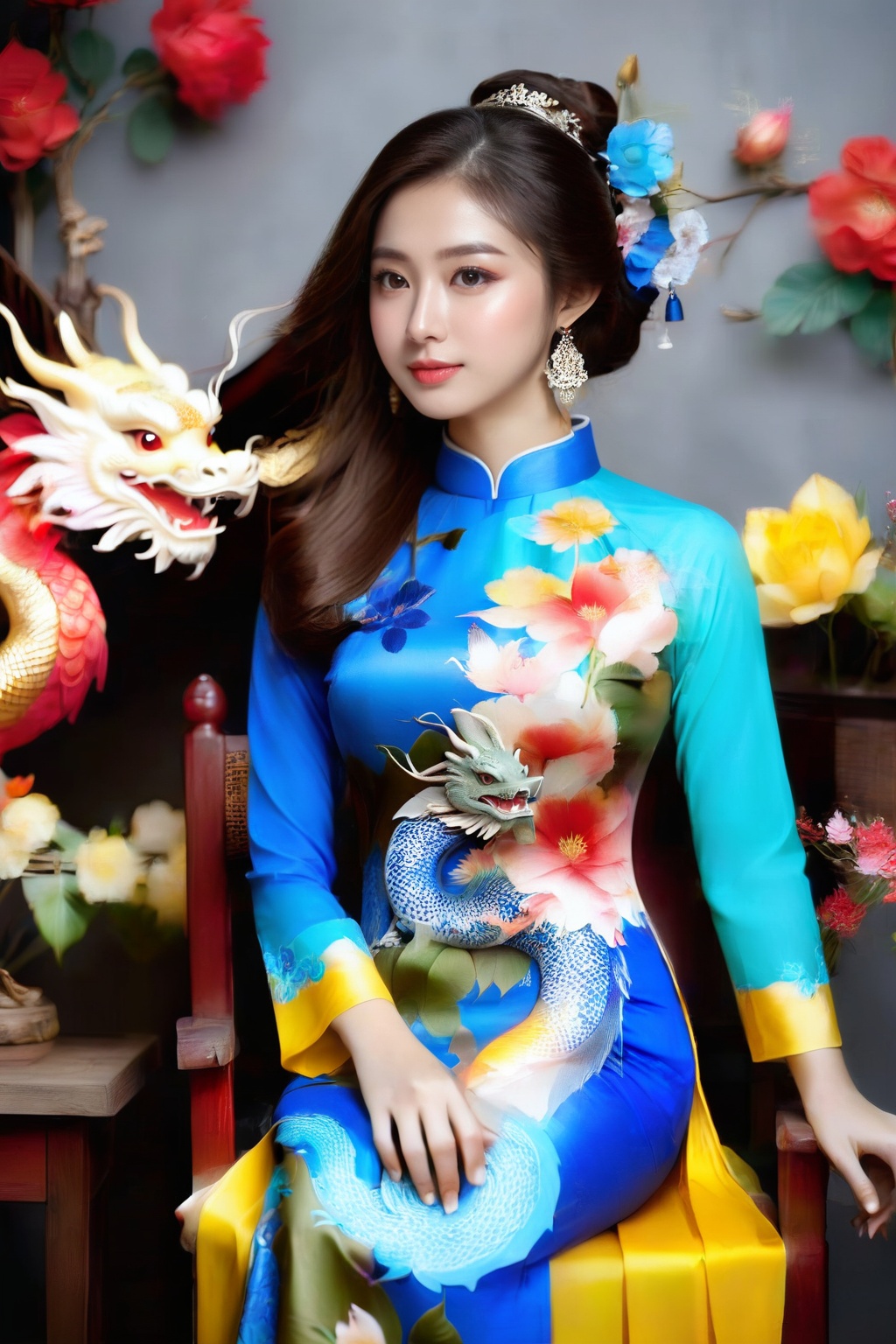A portrait of a beautiful Vietnamese girl in a blue yellow ao dai with dragon and floral pattern,  is seated on a wooden c...