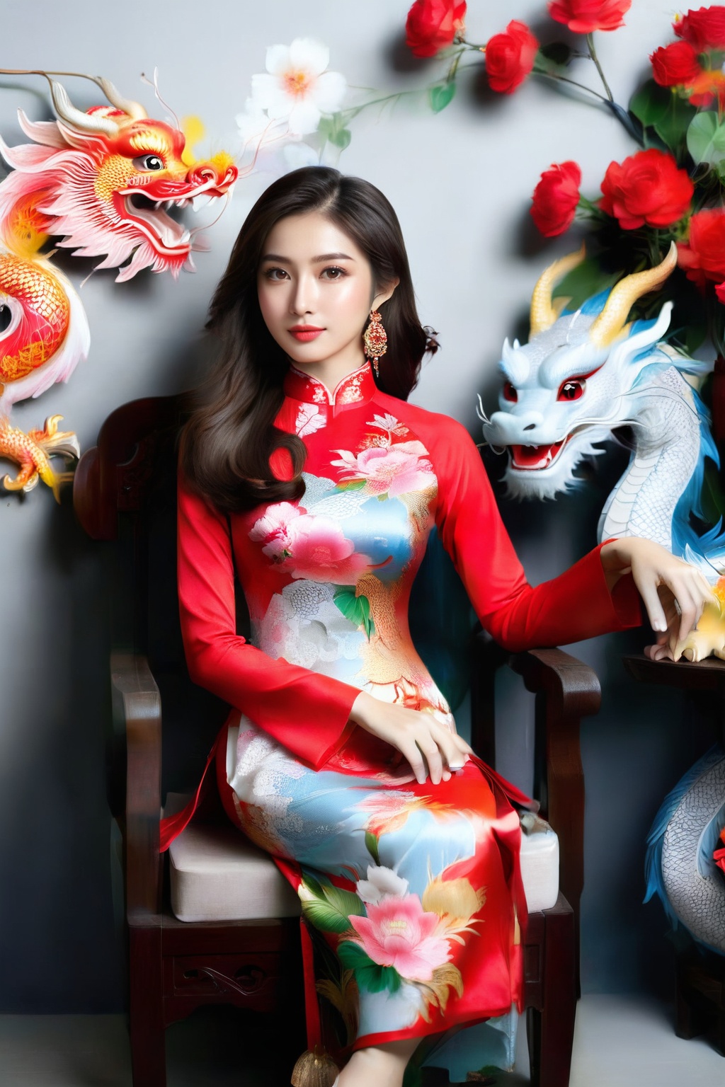 A portrait of a beautiful Vietnamese girl in a red ao dai with dragon and floral pattern,  is seated on a wooden chair wit...