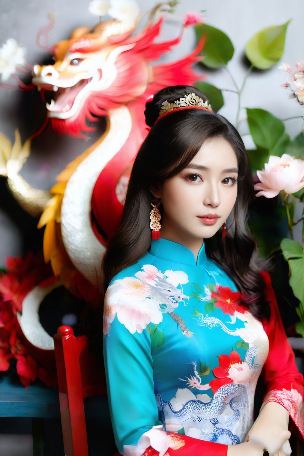 A portrait of a beautiful Vietnamese girl in a red ao dai with dragon and floral pattern,  is seated on a wooden chair wit...