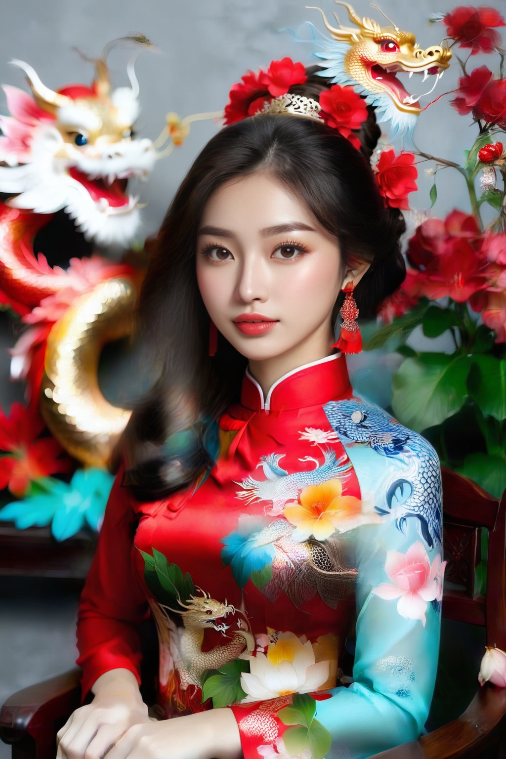 A portrait of a beautiful Vietnamese girl in a red ao dai with dragon and floral pattern,  is seated on a wooden chair wit...