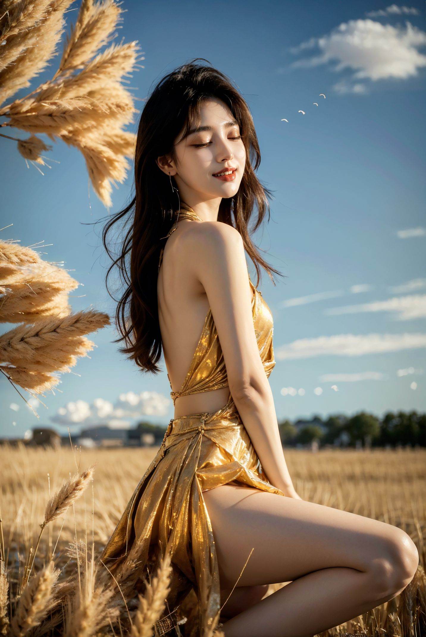 1 girl,  brown hair,  wearing an orange skirt on Tensor.Art