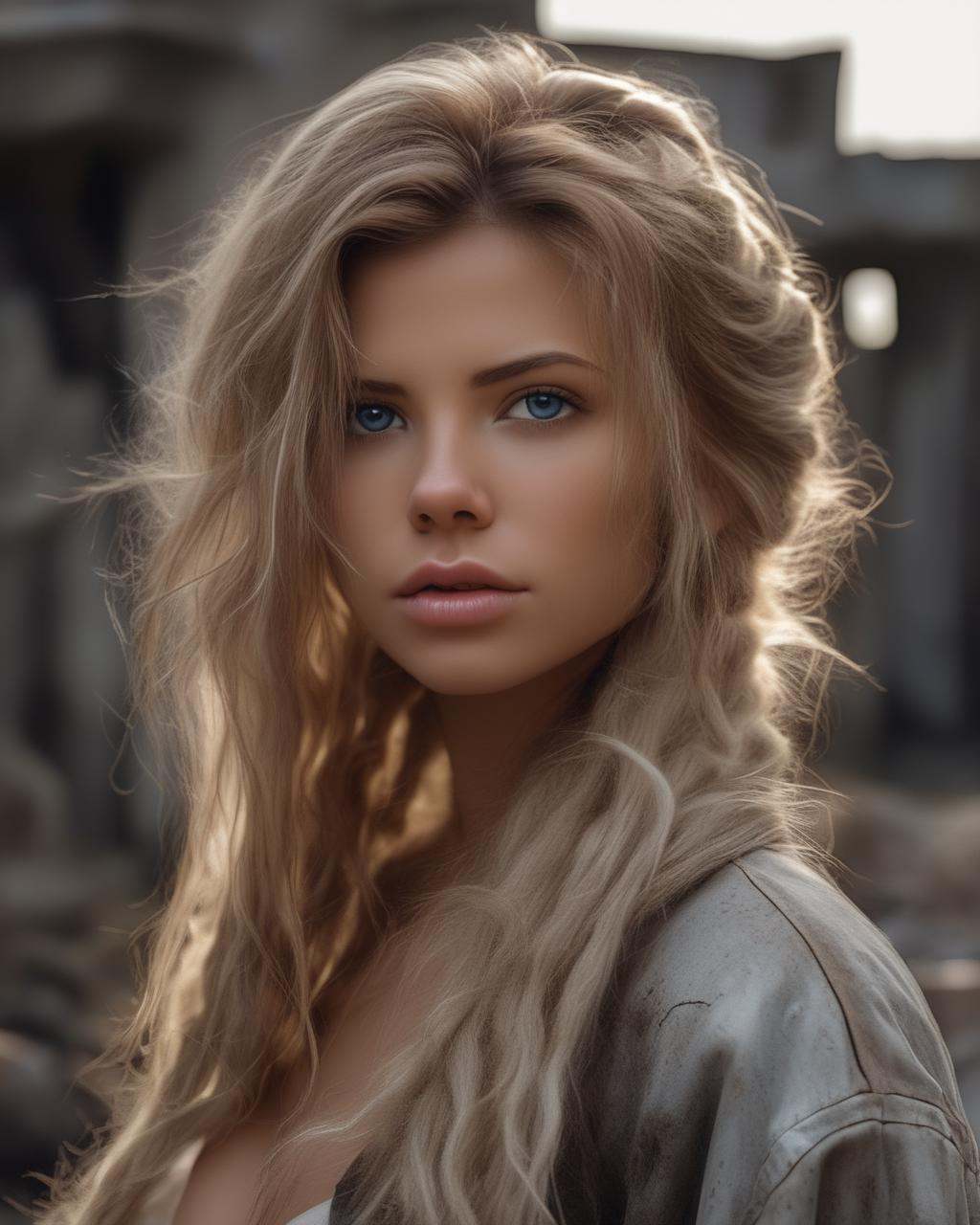 mature woman,  in front of post-apocalyptic ruins,  ((portrait on Tensor.Art