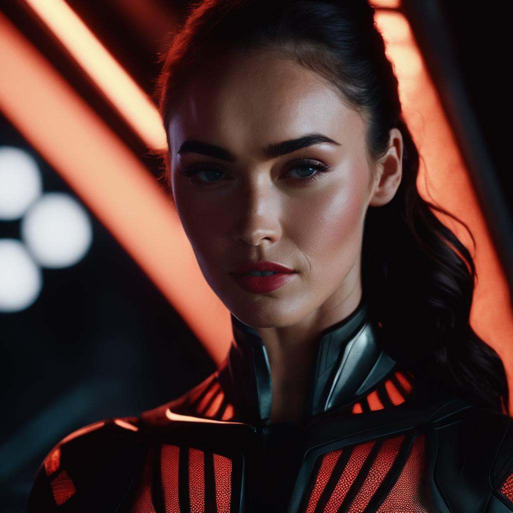 Megan_Fox,  portrait of a smiling woman in a ((red and black bodysuit)),  futuristic mesh suit on Tensor.Art