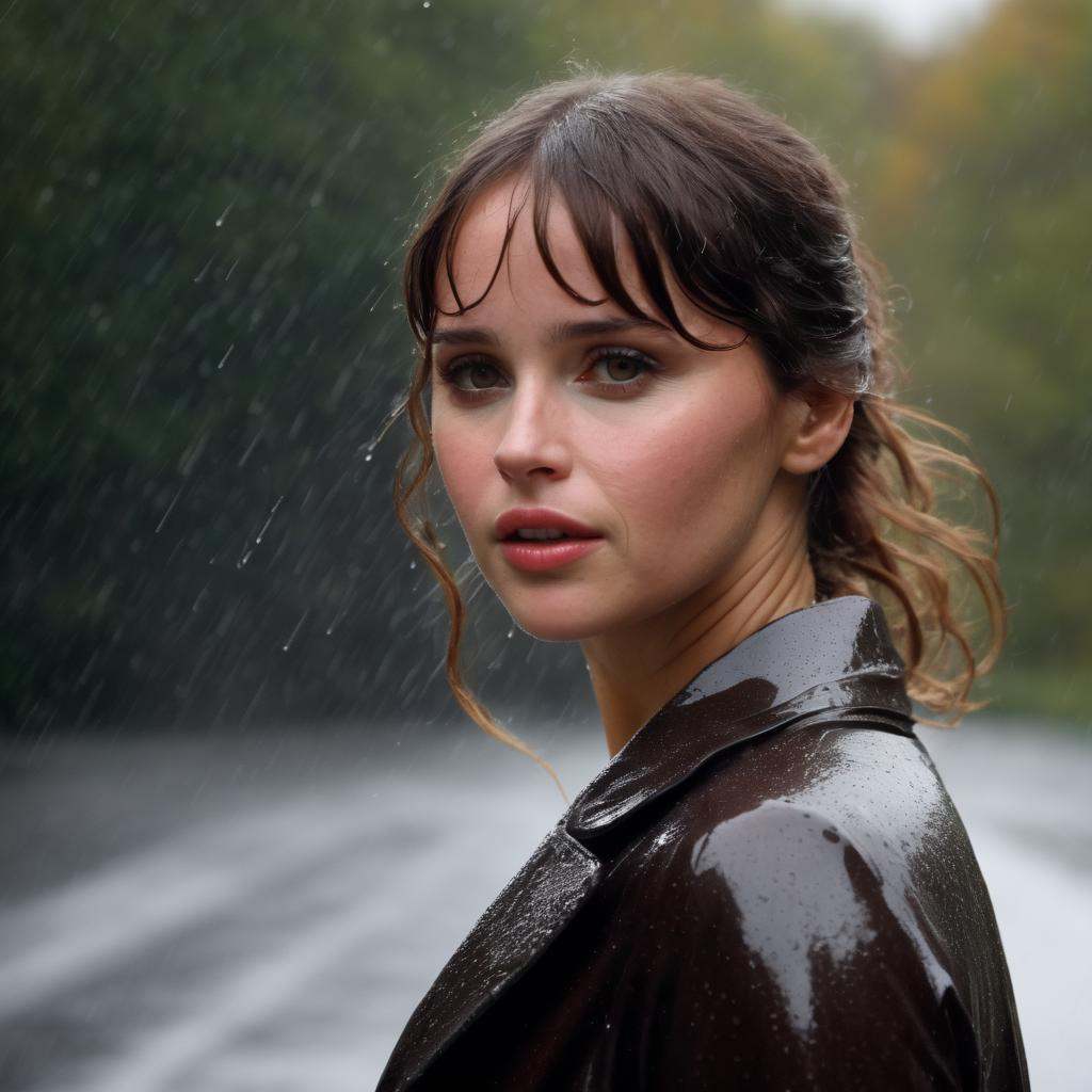 felicity_jones,  woman dancing in the rain ,  (wet hair on Tensor.Art