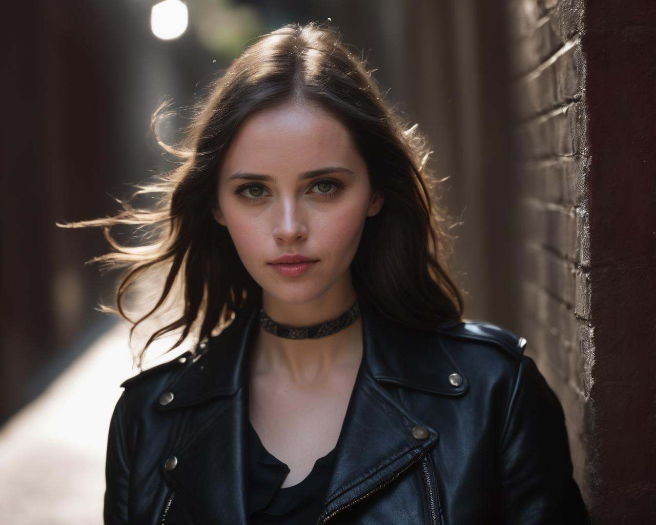 felicity_jones,  street photography of a stylish woman with longhair,  in a dark alley on Tensor.Art