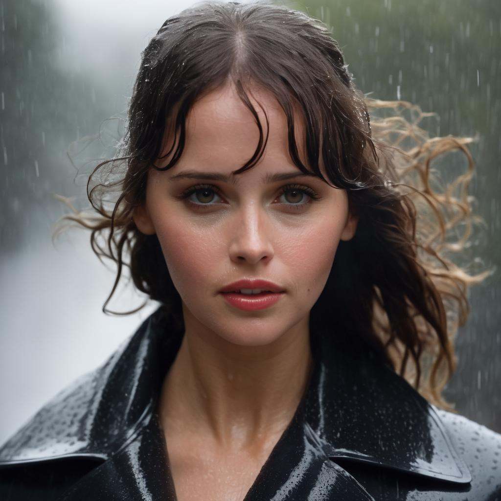 felicity_jones,  woman dancing in the rain ,  (wet hair on Tensor.Art