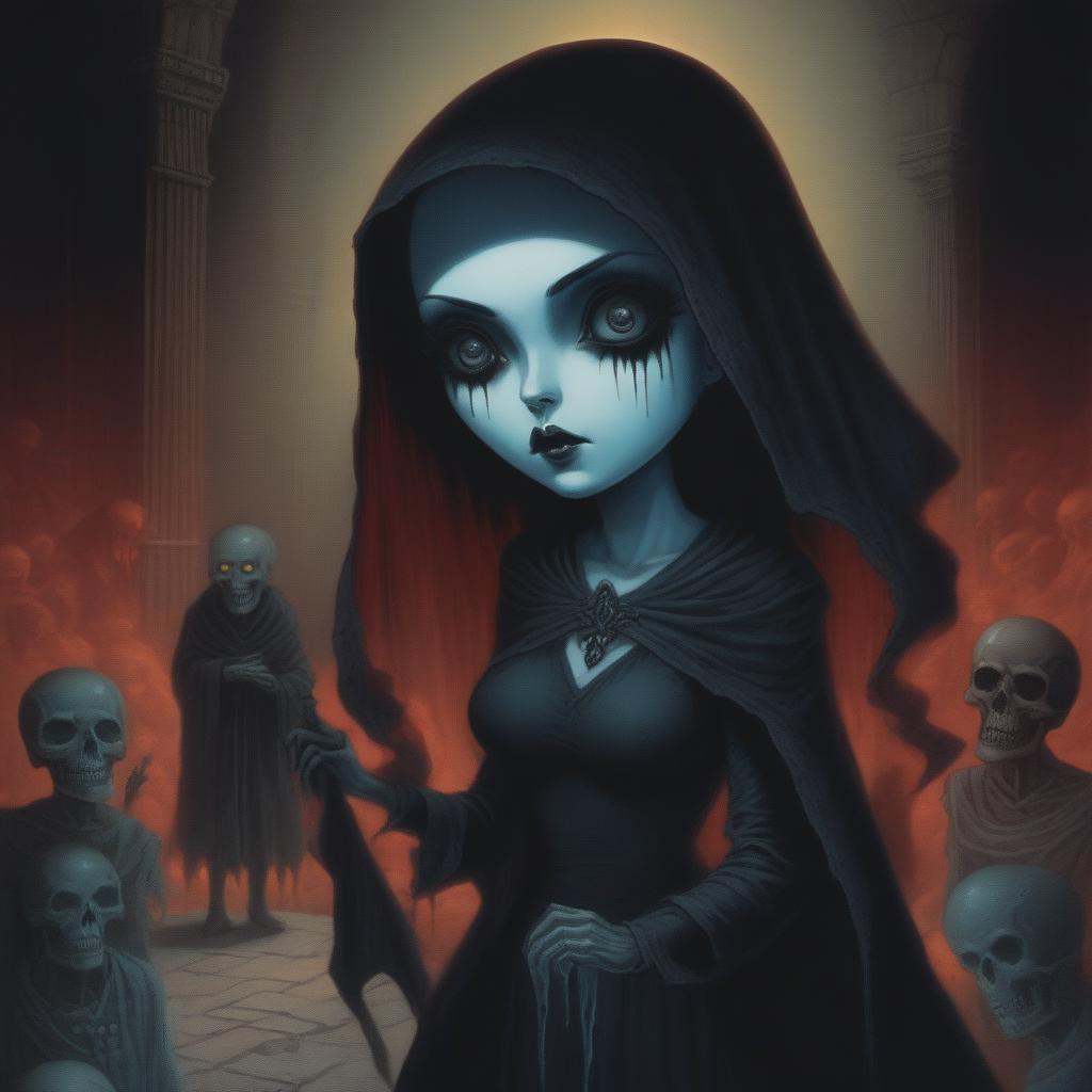 a haunting scene with 1 female necromancer in a dark fantasy world of diablo. Emphasize eerie atmosphere,  high contrast,...