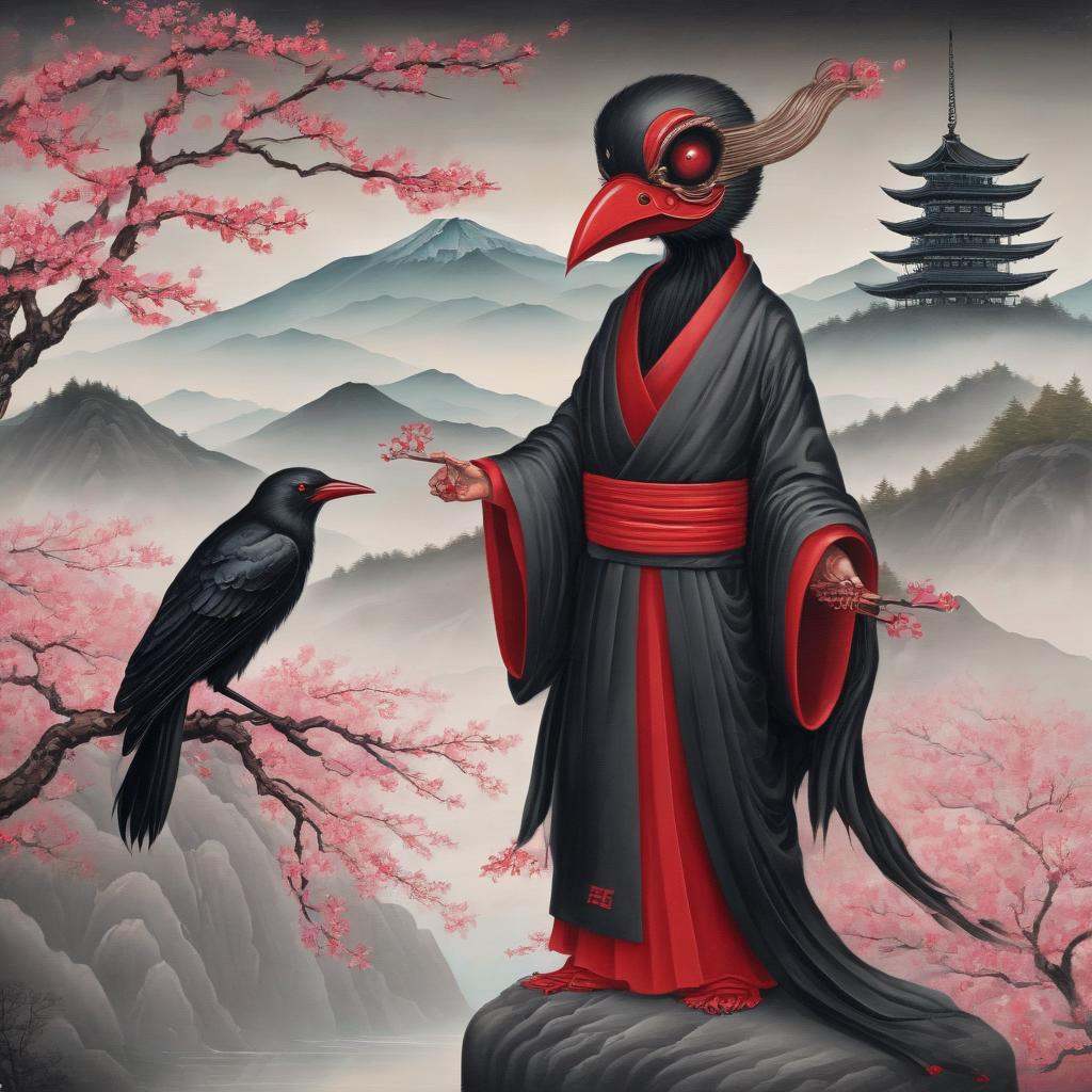 Illustration of a majestic crow with elongated legs,  wearing traditional Japanese tengu attire,  including a red mask and...