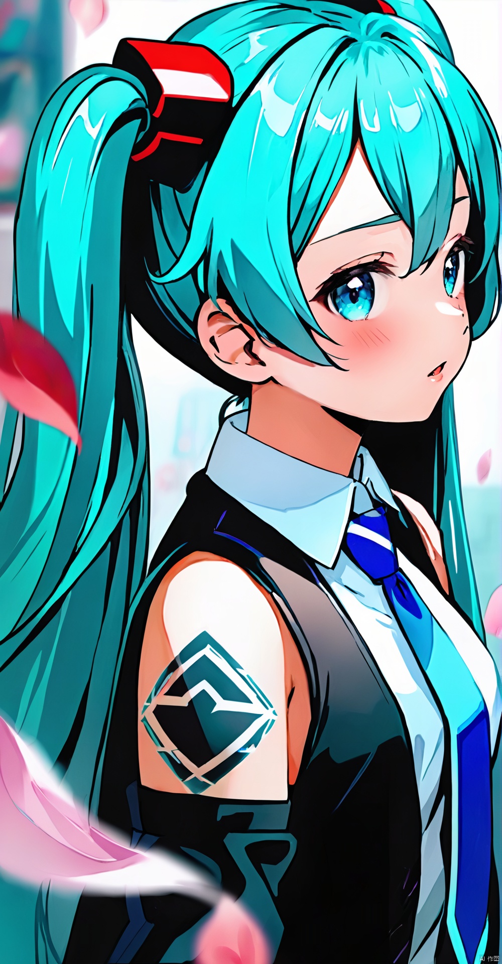 (masterpiece),  (best quality),  loli,  1girl, solo, twintails, long hair, hatsune miku, detached sleeves, shirt, necktie, bangs, looking at viewer, sleeveless, sleeveless shirt, upper body, hair between eyes, blue eyes, blush, petals, very long hair, collared shirt, long sleeves, blue hair, bare shoulders, hair ornament, parted lips, black sleeves, blurry, looking to the side, wide sleeves, hand up, ahoge, from side, blurry background, tattoo, grey shirt, white shirt, blue necktie,<lora:EMS-280663-EMS:0.800000>
