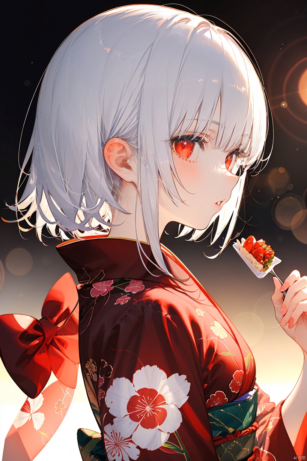 nai3, 1girl,white hair,red eyes,portrait,1girl, solo, best quality, upper body,  holding food, blush, parted lips, print kimono, obi, bokeh, floral print, profile, lens flare, looking at viewer