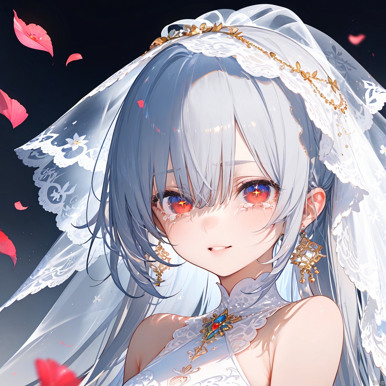  nai3, 1girl,white hair,red eyes,portrait,shy, solo, , breasts, looking at viewer, smile, bangs, gloves, dress, hair between eyes, bare shoulders, jewelry, upper body, sidelocks, parted lips, sleeveless, alternate costume, tears, white gloves, white dress,symbol-shaped pupils, petals, sleeveless dress, ring, veil, wedding dress, bridal veil