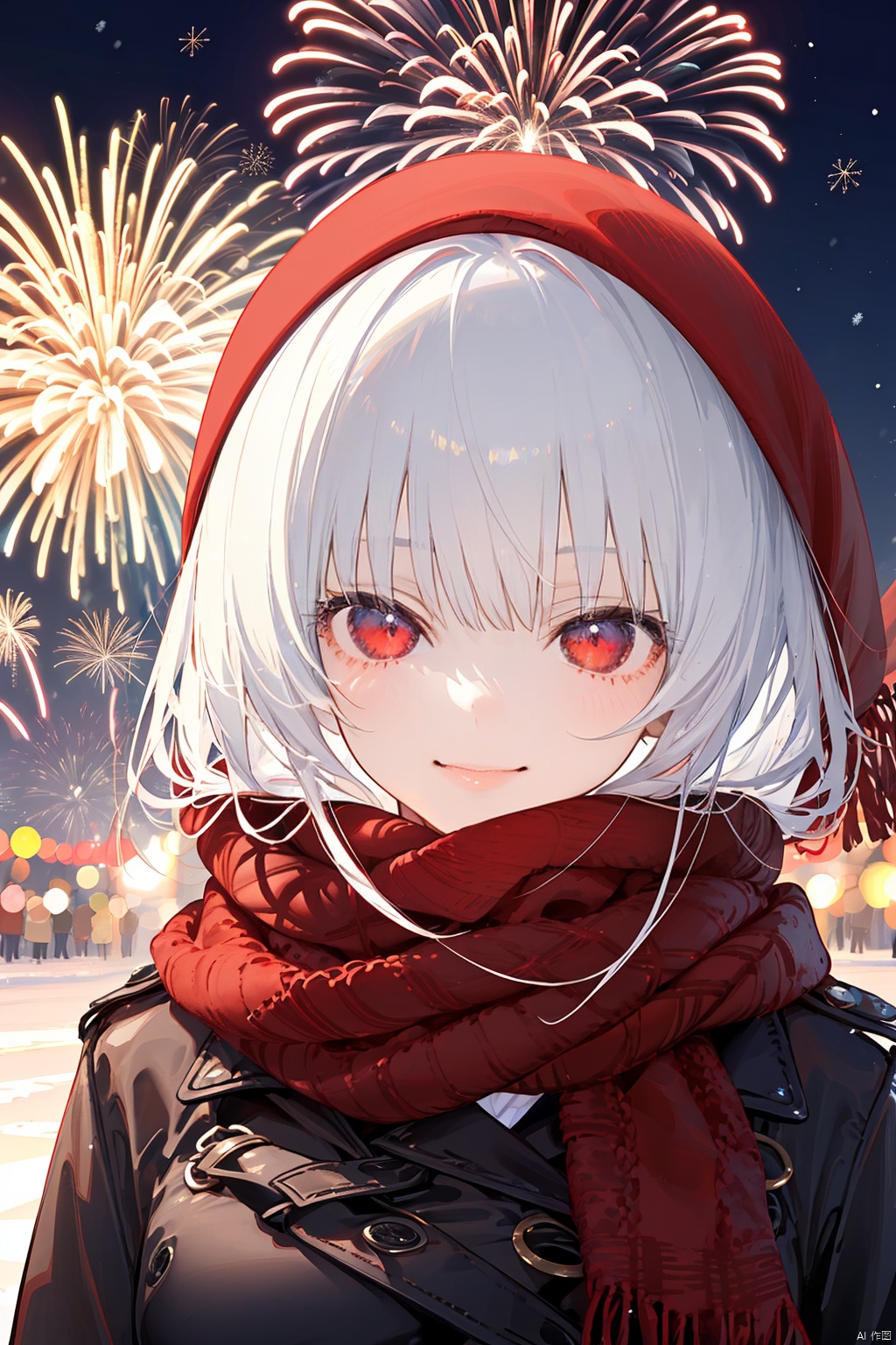 nai3, 1girl,white hair,red eyes,portrait,1girl, solo,looking at viewer, smile,  upper body,  scarf, coat, {red scarf}, winter clothes, fireworks,