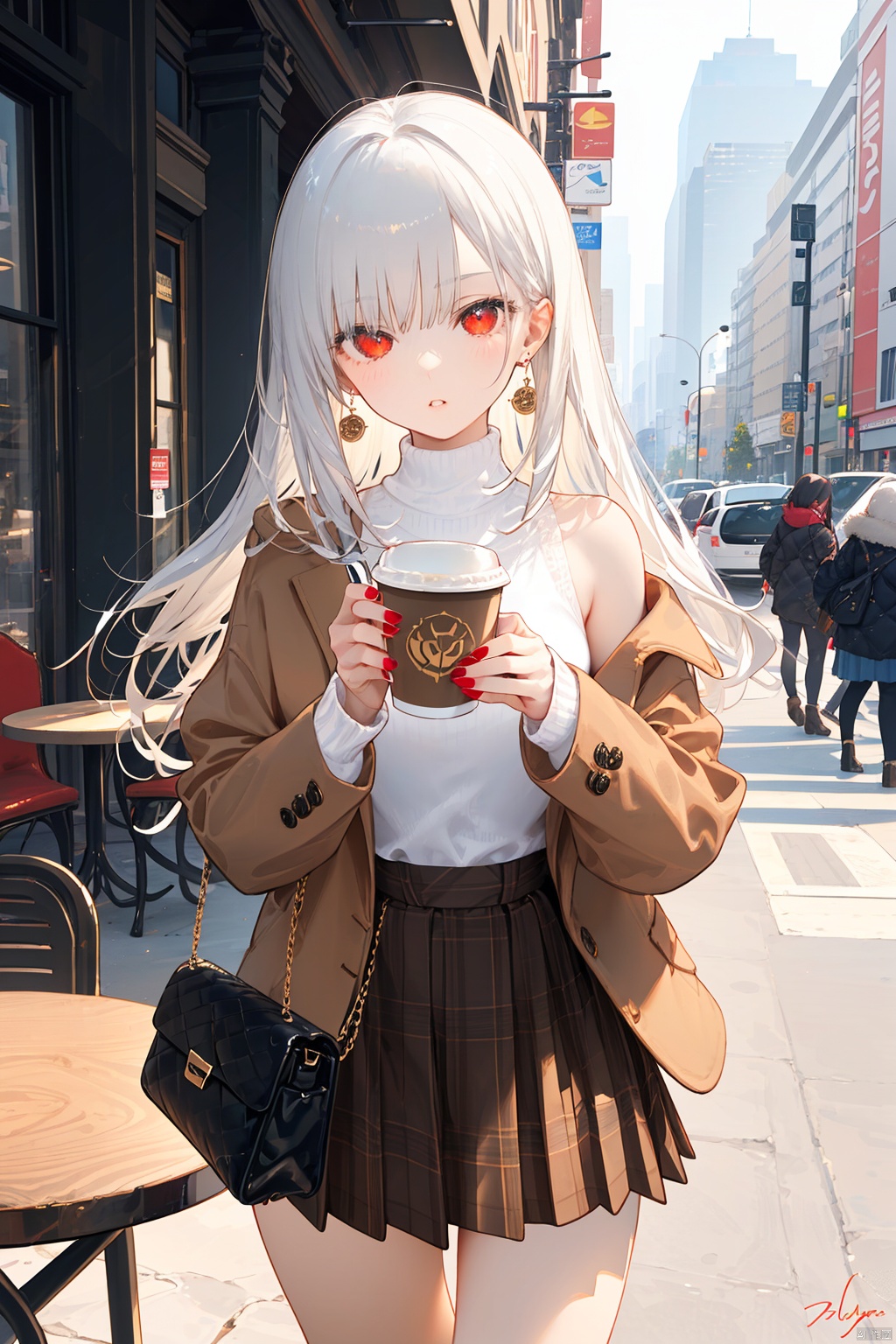 nai3, 1girl,white hair,red eyes,portrait,1girl, cup, skirt, bag, solo, holding, disposable cup, holding cup, long hair, jewelry, jacket, signature, sweater, earrings, handbag, bangs, looking at viewer, open clothes, turtleneck, long sleeves, nail polish, red eyes, coffee cup, open jacket, shoulder bag, brown skirt, pleated skirt, outdoors, turtleneck sweater, brown jacket, table, standing, parted lips, white hair, blush, cowboy shot 