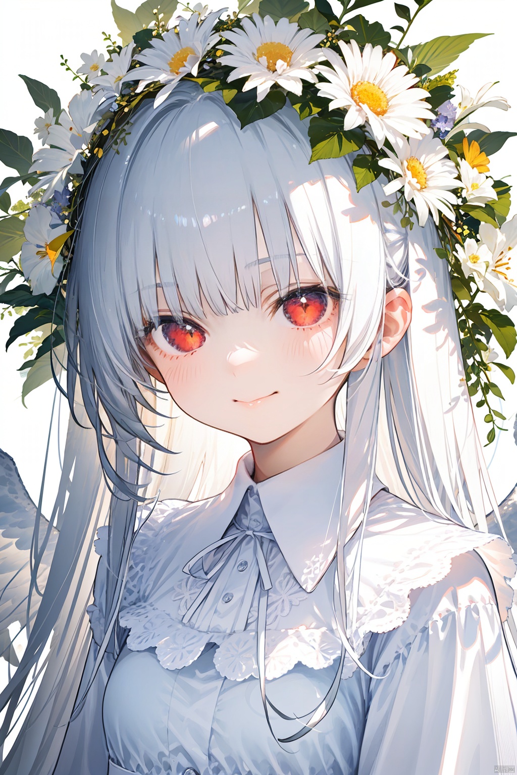 nai3, 1girl,white hair,red eyes,portrait,1girl, solo, long_hair, wings, dress, head_wreath, angel_wings, flower, angel, white_dress, feathered_wings, blush, smile, upper_body, closed_mouth, white_flower, white_background