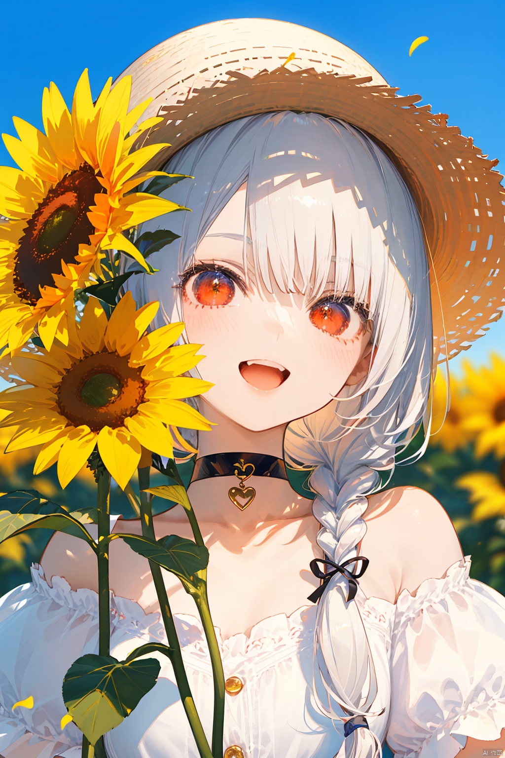 nai3, 1girl,white hair,red eyes,portrait,1girl, sunflower, flower, solo, hat, long hair, braid, dress, smile, open mouth, looking at viewer, holding, white dress, short sleeves, straw hat, collarbone, :d, outdoors, blurry, bangs, bare shoulders, yellow flower, ribbon, petals, upper body, red eyes, white hair,blurry background, holding flower, sun hat, off shoulder, puffy short sleeves, brown headwear, ribbon choker, blush, puffy sleeves, choker, hat flower, frills, day, depth of field, off-shoulder dress, white ribbon, single braid 