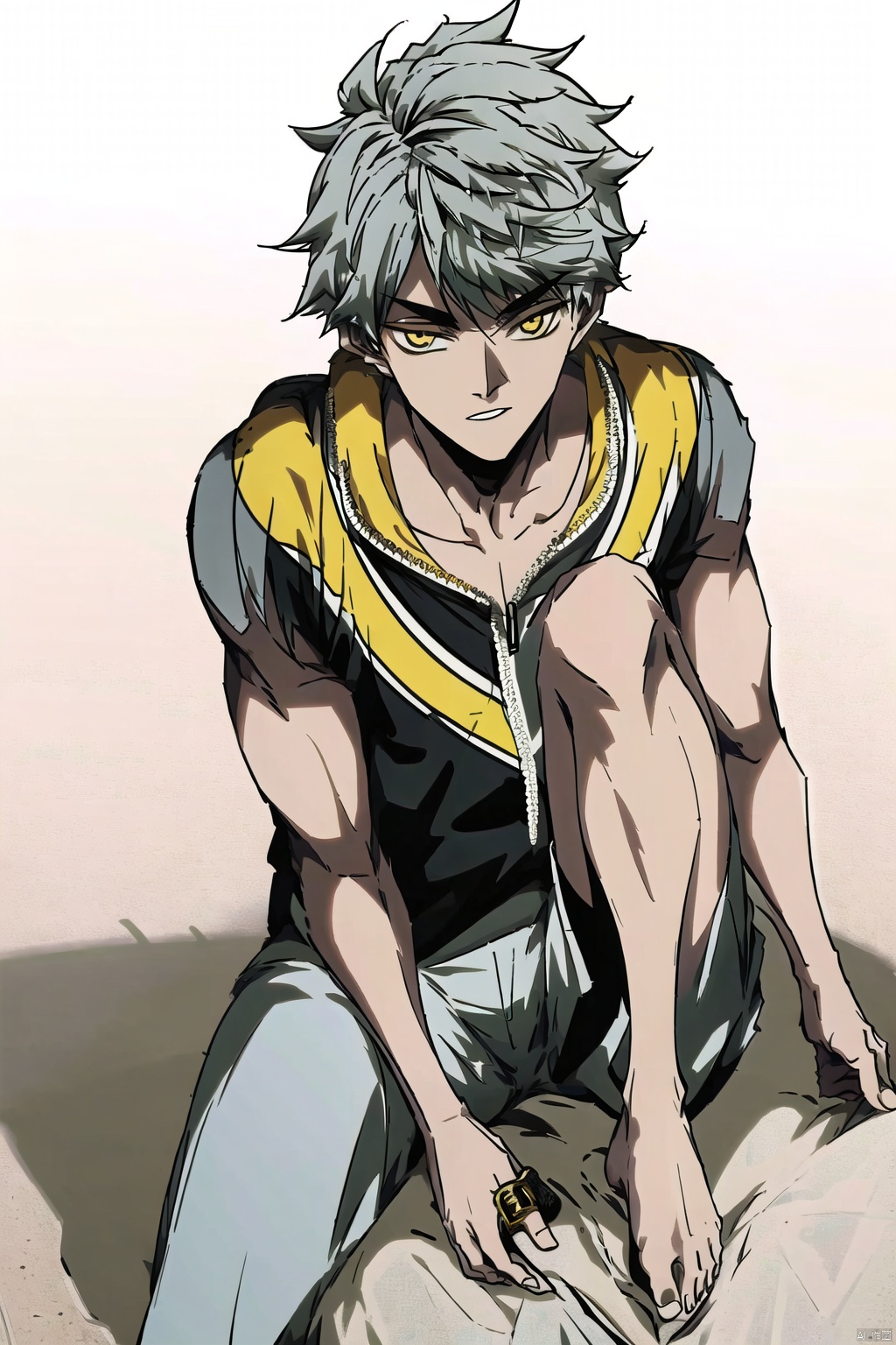 tangka,gray_hair,gold eyes,seated,barefeet,sportswear,low neckline