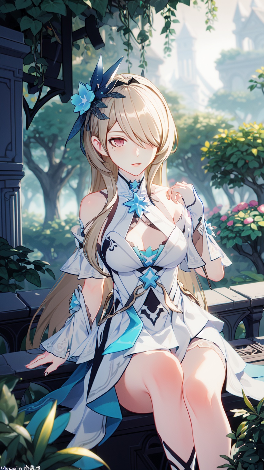 1girl,  looking somewhere and sitting too,  ((magical garden background)) on Tensor.Art
