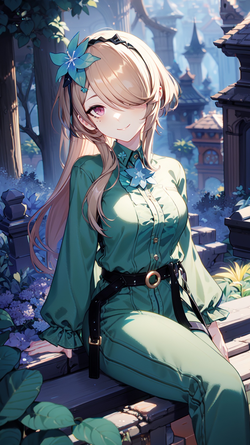 1girl,  green shirt,  purple eyes on Tensor.Art