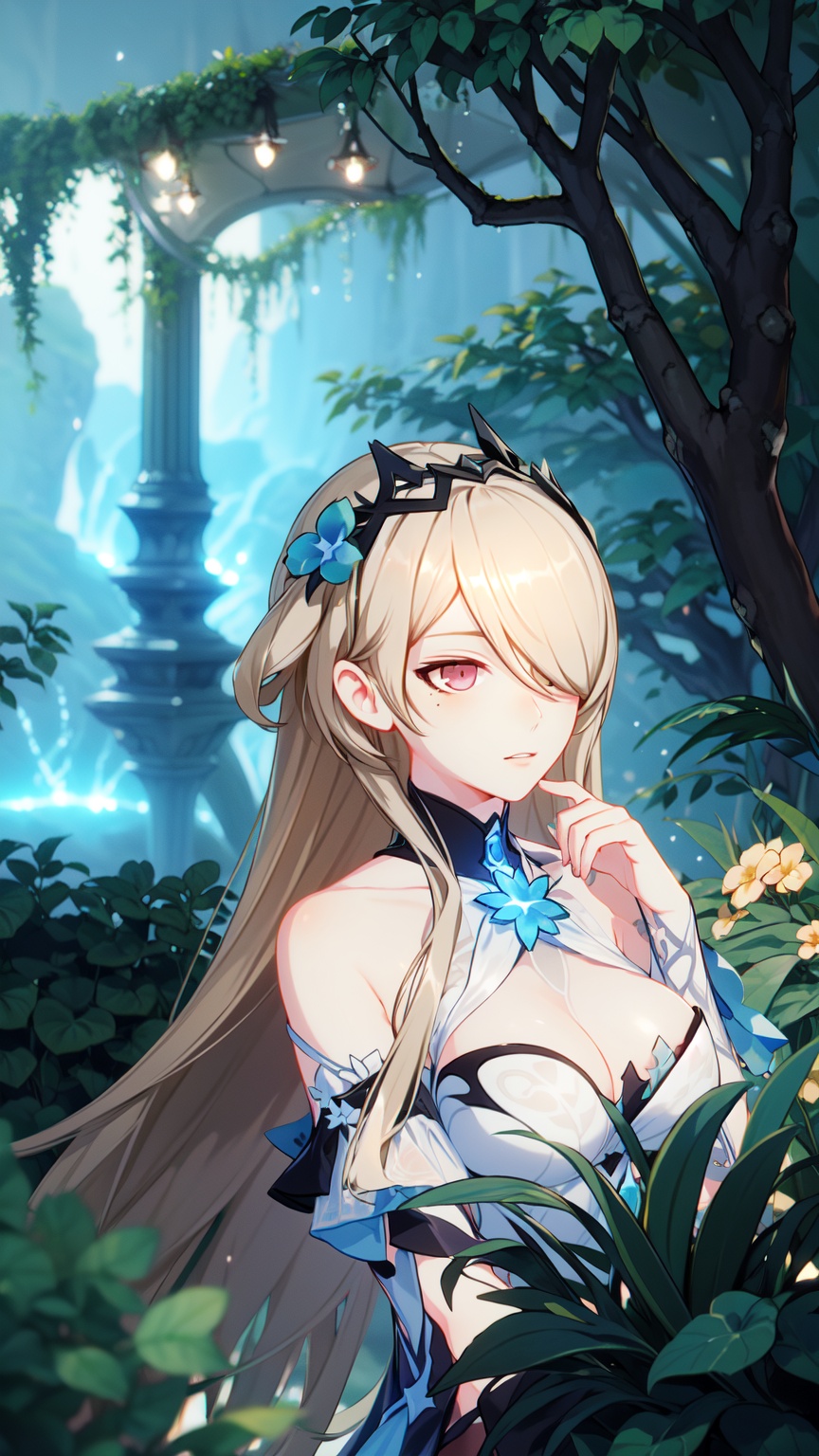 1girl,  looking somewhere and sitting too,  ((magical garden background)) on Tensor.Art