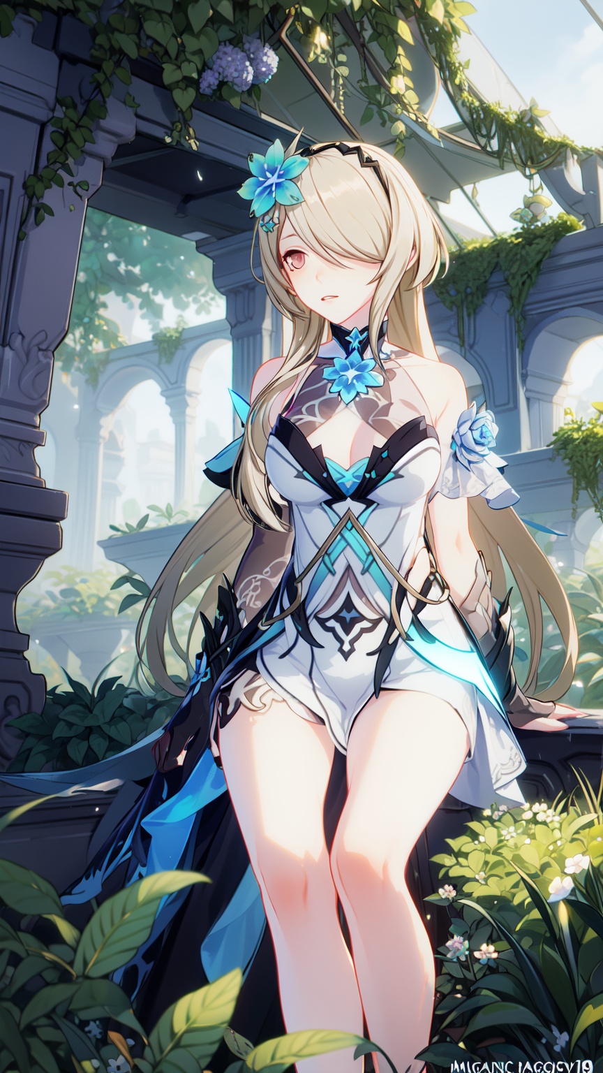 1girl,  looking somewhere and sitting too,  ((magical garden background)) on Tensor.Art