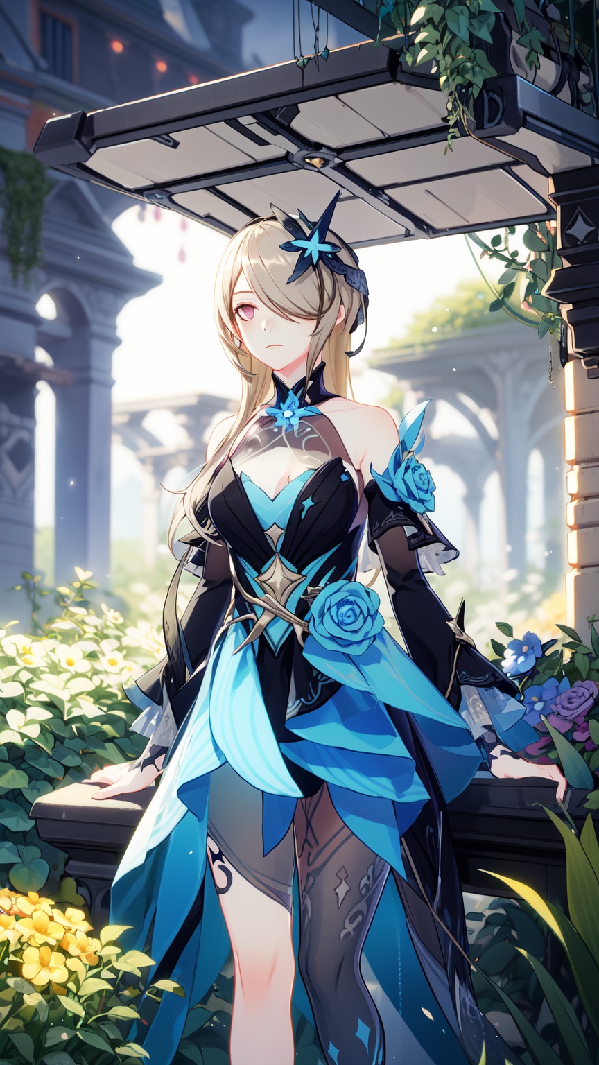 1girl,  looking somewhere and sitting too,  ((magical garden background)) on Tensor.Art