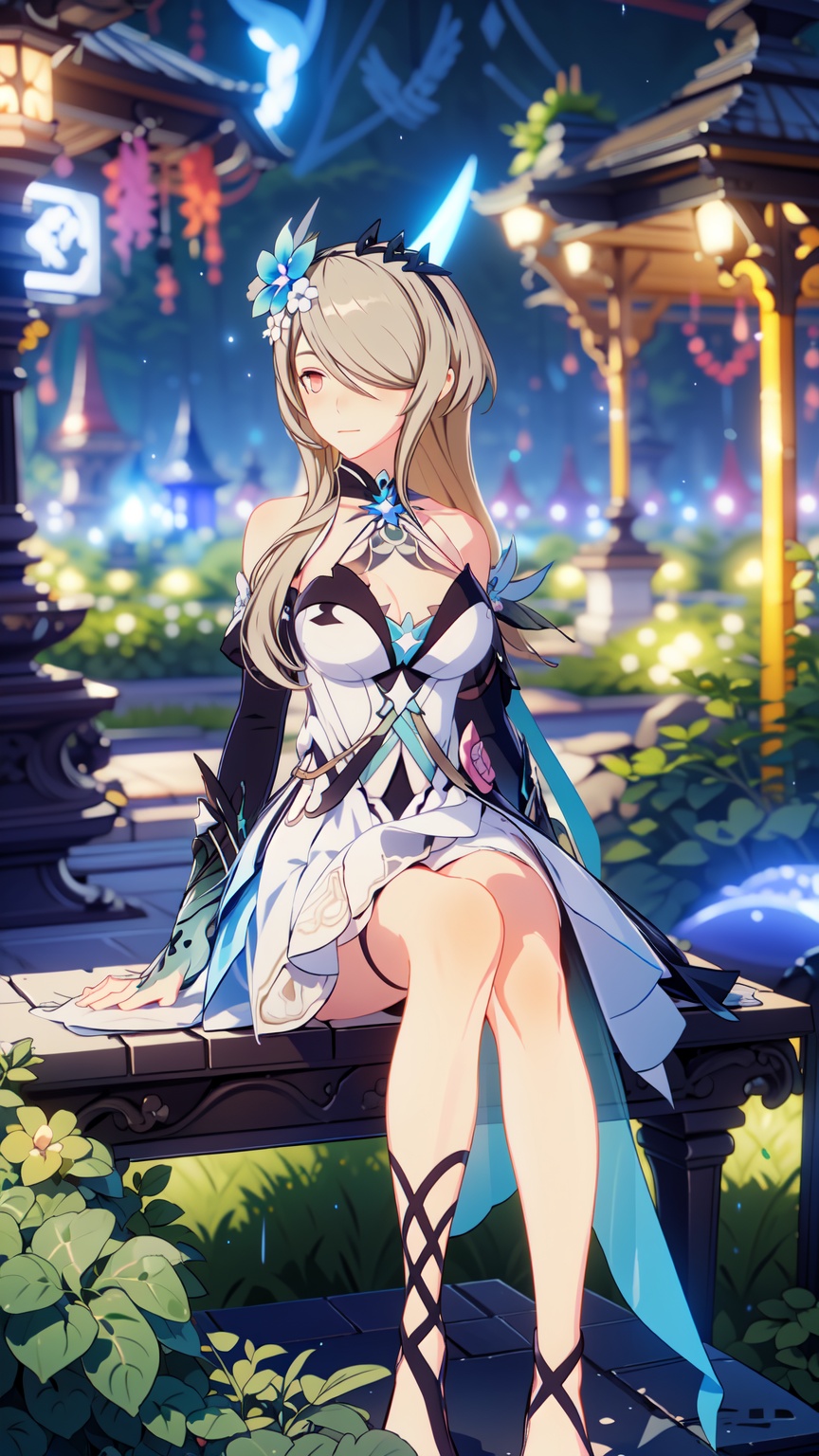 1girl,  looking somewhere and sitting too,  ((magical garden background)) on Tensor.Art