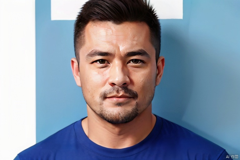  1boy, solo, male focus, realistic, facial hair, portrait, blue shirt, looking at viewer, shirt, beard, blue background, black hair, black eyes, closed mouth, shadow, simple background, mustache, brown eyes,Handsome guy, realism