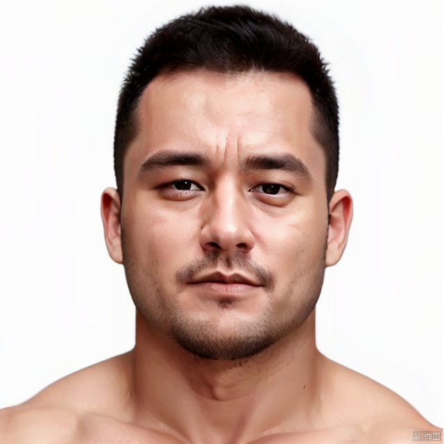  1boy,realistic,daddy,uncel,male focus, solo, facial hair, black hair, looking at viewer, white background, simple background, naked, realism