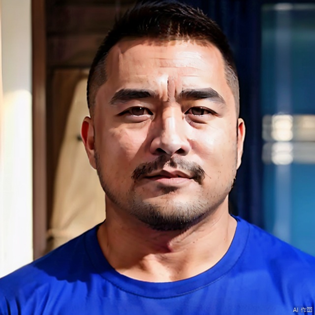 1boy, solo, male focus, realistic, facial hair, portrait, blue shirt, looking at viewer, shirt, beard, black hair, black eyes, closed mouth, shadow, mustache, brown eyes,Handsome guy,naked,