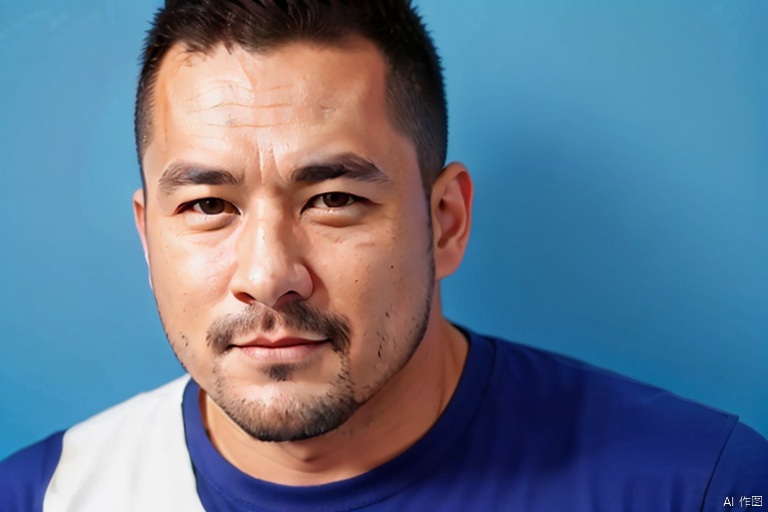  1boy, solo, male focus, realistic, facial hair, portrait, blue shirt, looking at viewer, shirt, beard, blue background, black hair, black eyes, closed mouth, shadow, simple background, mustache, brown eyes,Handsome guy, realism