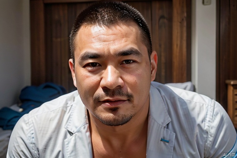 Asian,The most perfect image of a middle-aged man. Bronzed skin, lean muscles bulging, curved, face is even more raw, thick eyebrows, big eyes, nose and straight mouth, long hair is somewhat bohemian, and the cyan stubble adds a bit of manly charm. Wear a suit, naked,yong, realism