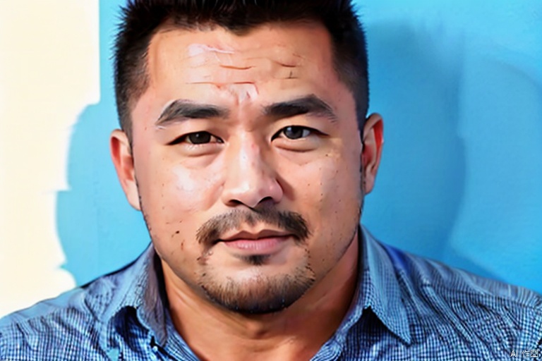  1boy, solo, male focus, realistic, facial hair, portrait, blue shirt, looking at viewer, shirt, beard, blue background, black hair, black eyes, closed mouth, shadow, simple background, mustache, brown eyes,Handsome guy, realism