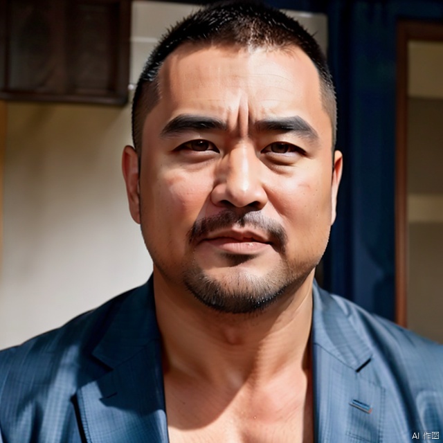 Asian,The most perfect image of a middle-aged man. Bronzed skin, lean muscles bulging, curved, face is even more raw, thick eyebrows, big eyes, nose and straight mouth, long hair is somewhat bohemian, and the cyan stubble adds a bit of manly charm. Wear a suit, naked,yong, realism