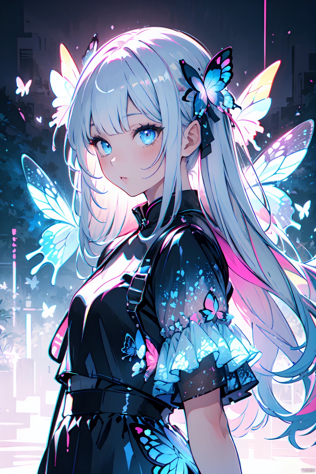  masterpiece,best quality,photorealistic,Multicolored,1girl,solo,realistic,Light background,Transparent plastic flower,Luminescent, Lin Yueru,(butterflies:1.5),long hair,(cat:1.2), Dragon, Chinese girls