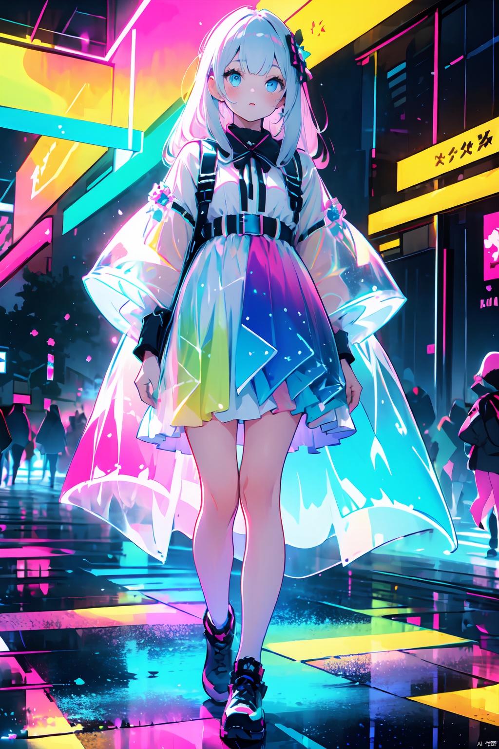  Best quality,masterpiece,transparent color PVC clothing,transparent color vinyl clothing,prismatic,holographic,chromatic aberration,fashion illustration,masterpiece,girl with harajuku fashion,looking at viewer,8k,ultra detailed,pixiv