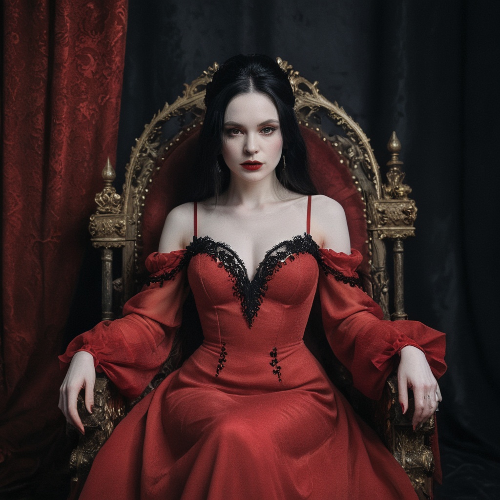 a woman with very pale skin and black hair,  wearing a pompous red dress,  sitting on a throne on Tensor.Art