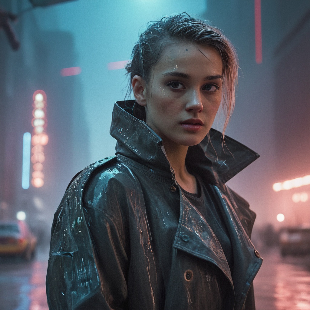 a detailed portrait of European Pretty Young Girl Storm Rain movie Jacket coat,  Futuristic sci-fi fashion,  royal attire...