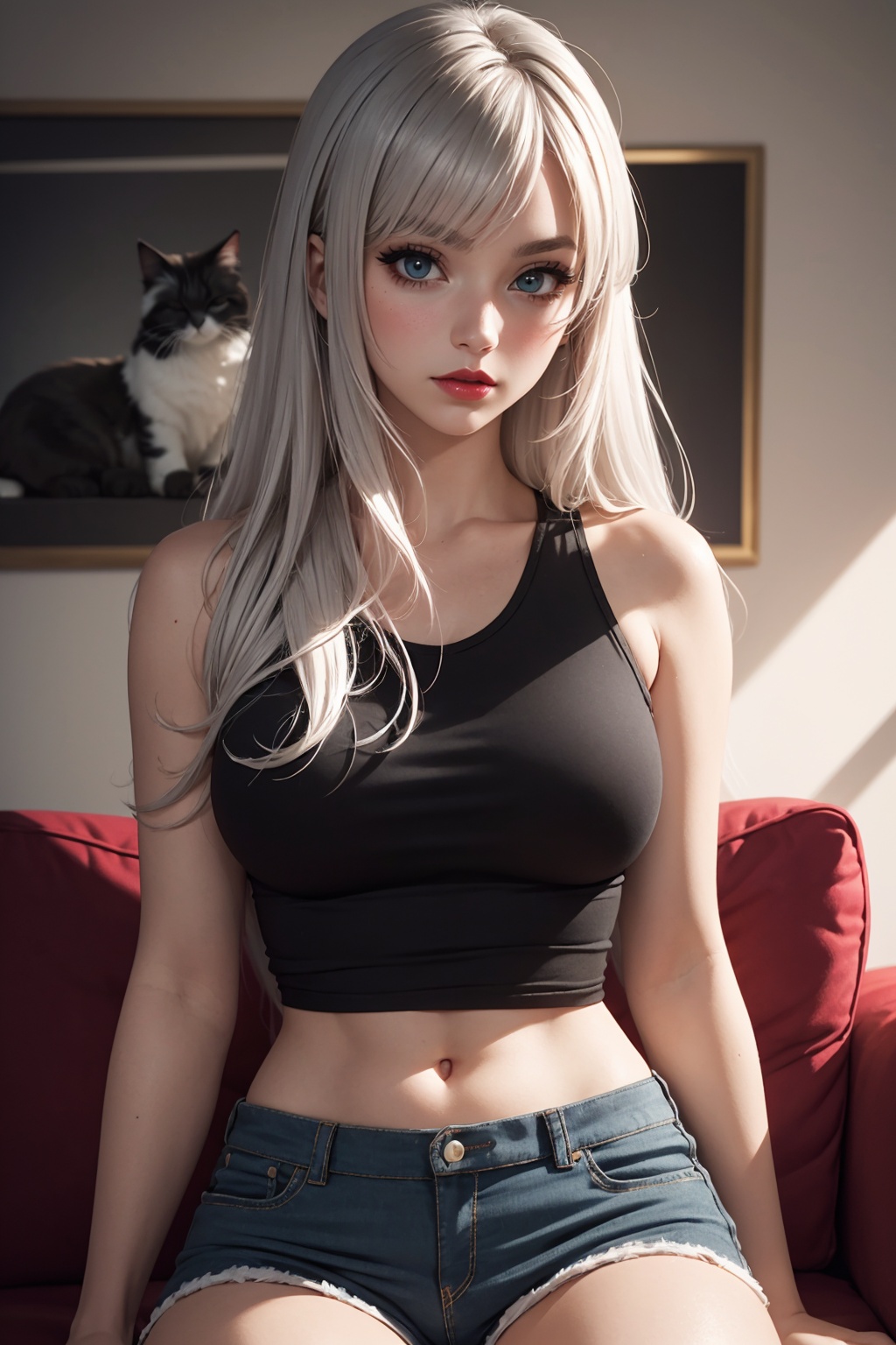 painting of attractive woman with bright long silver hair,  big hair,  (messy anime style hair) on Tensor.Art