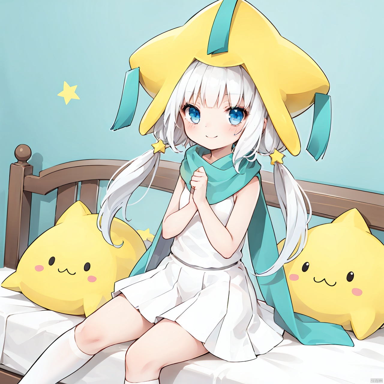  masterpiece, bestquality, Jirachi personified, 1girl, solo, long hair, smile, blue eyes, hat, twintails, white hair, star \(symbol\), scarf, personification, Bedroom, Sit,