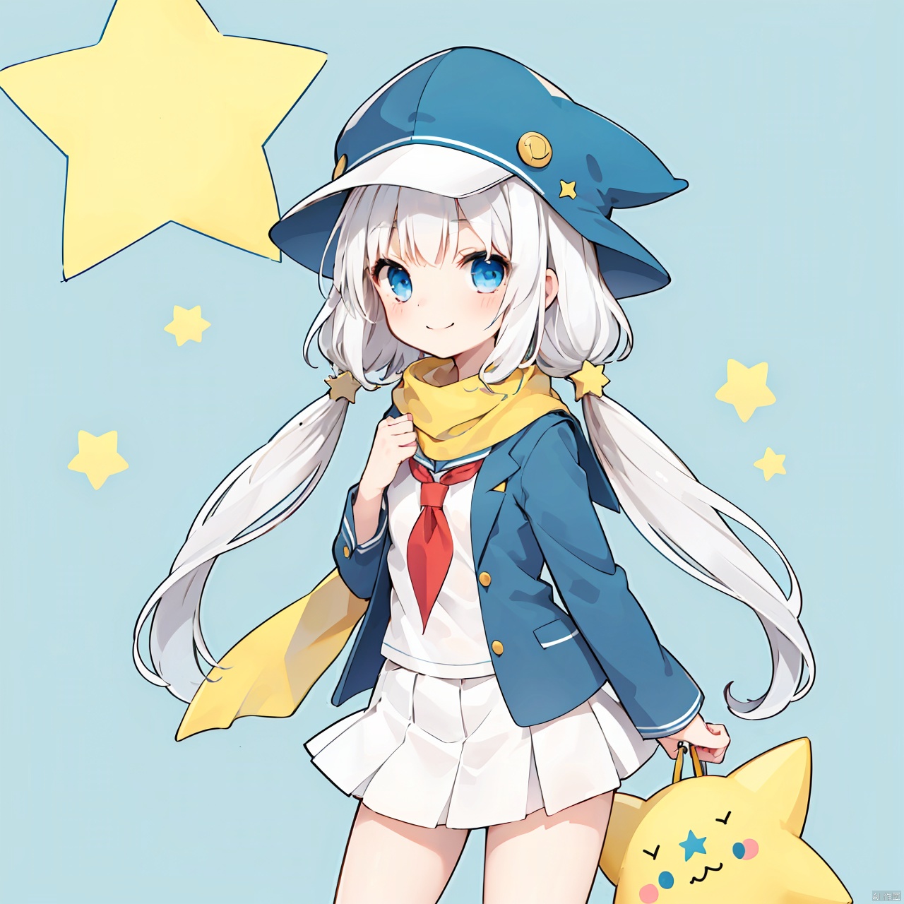  masterpiece, bestquality, Jirachi personified, 1girl, solo, long hair, smile, blue eyes, hat, twintails, white hair, star \(symbol\), scarf, (school uniform:1.3),