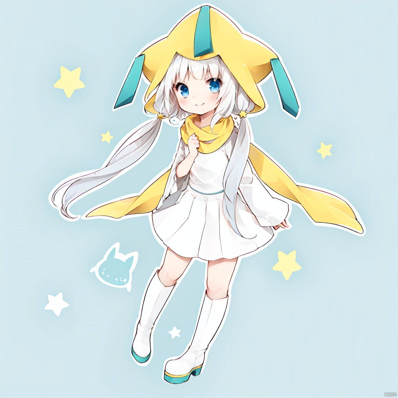  masterpiece, bestquality, Jirachi personified, 1girl, solo, long hair, smile, blue eyes, hat, twintails, Blond Hair, boots, star \(symbol\), scarf, personification,