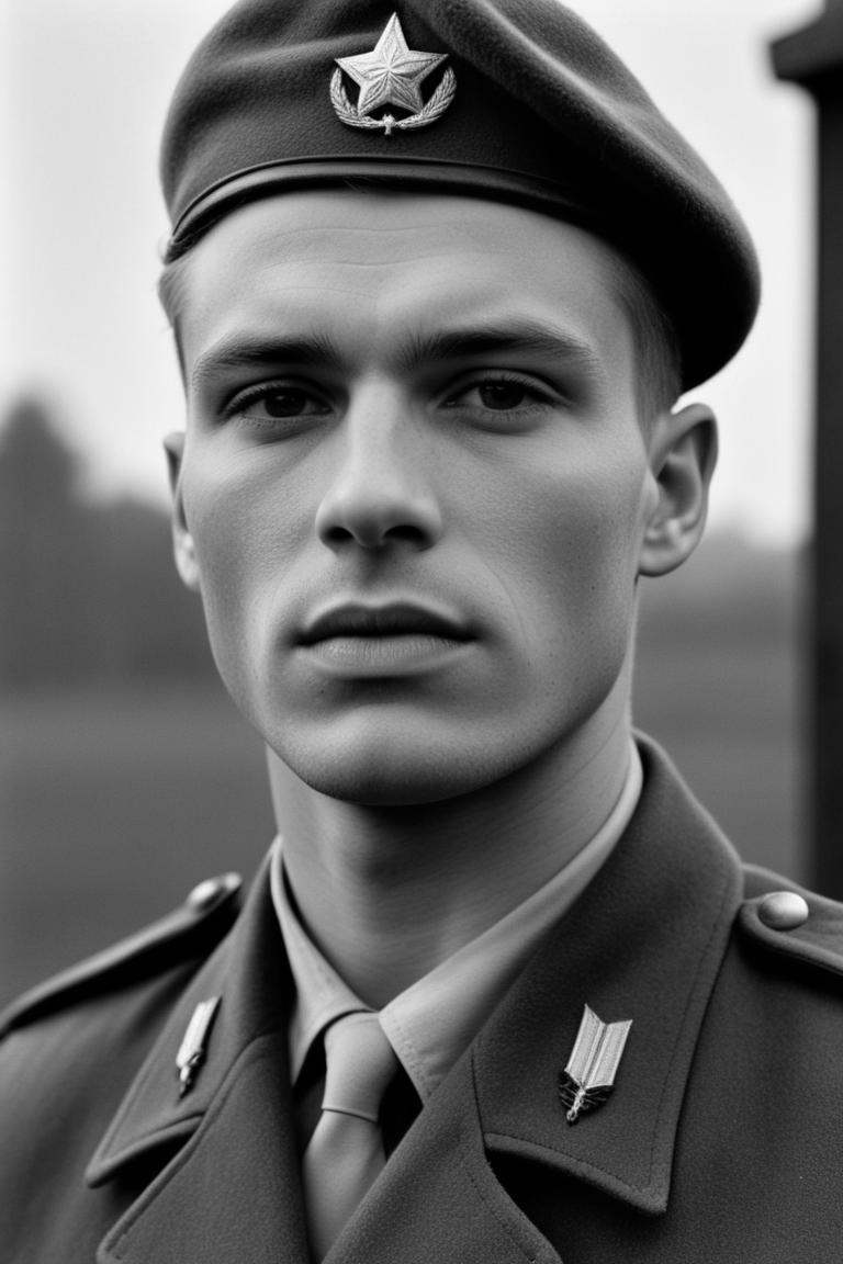 stylized by Natalia Rak and Grete Stern,  photograph,  well-built Male Soldier on Tensor.Art