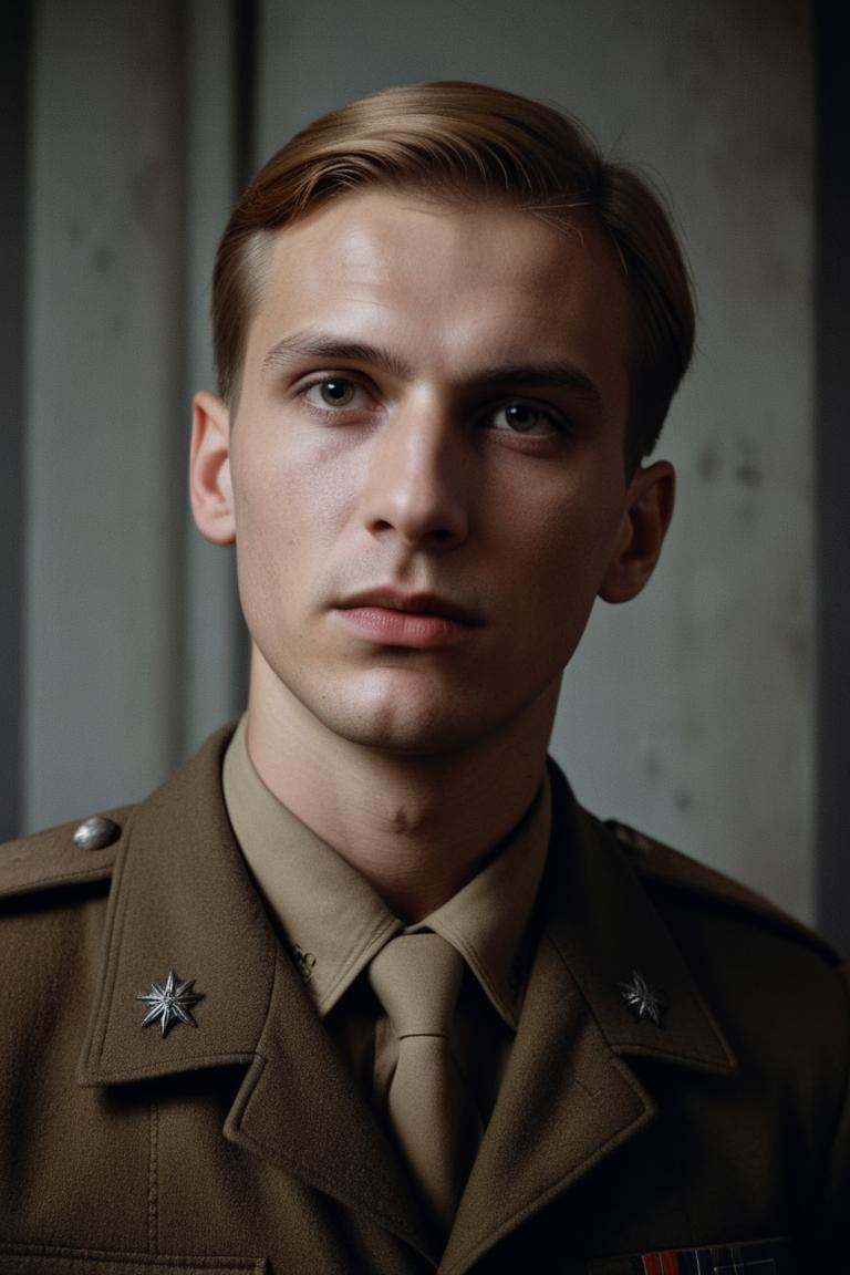 stylized by Natalia Rak and Grete Stern,  photograph,  well-built Male Soldier on Tensor.Art
