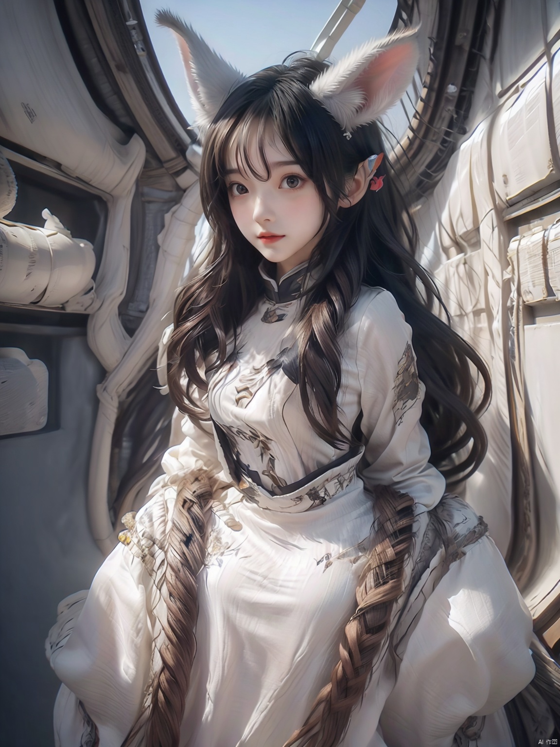  1girl,solo, animal ears, sky, day, cloud, rabbit ears, no humans, rabbit, spacesuit