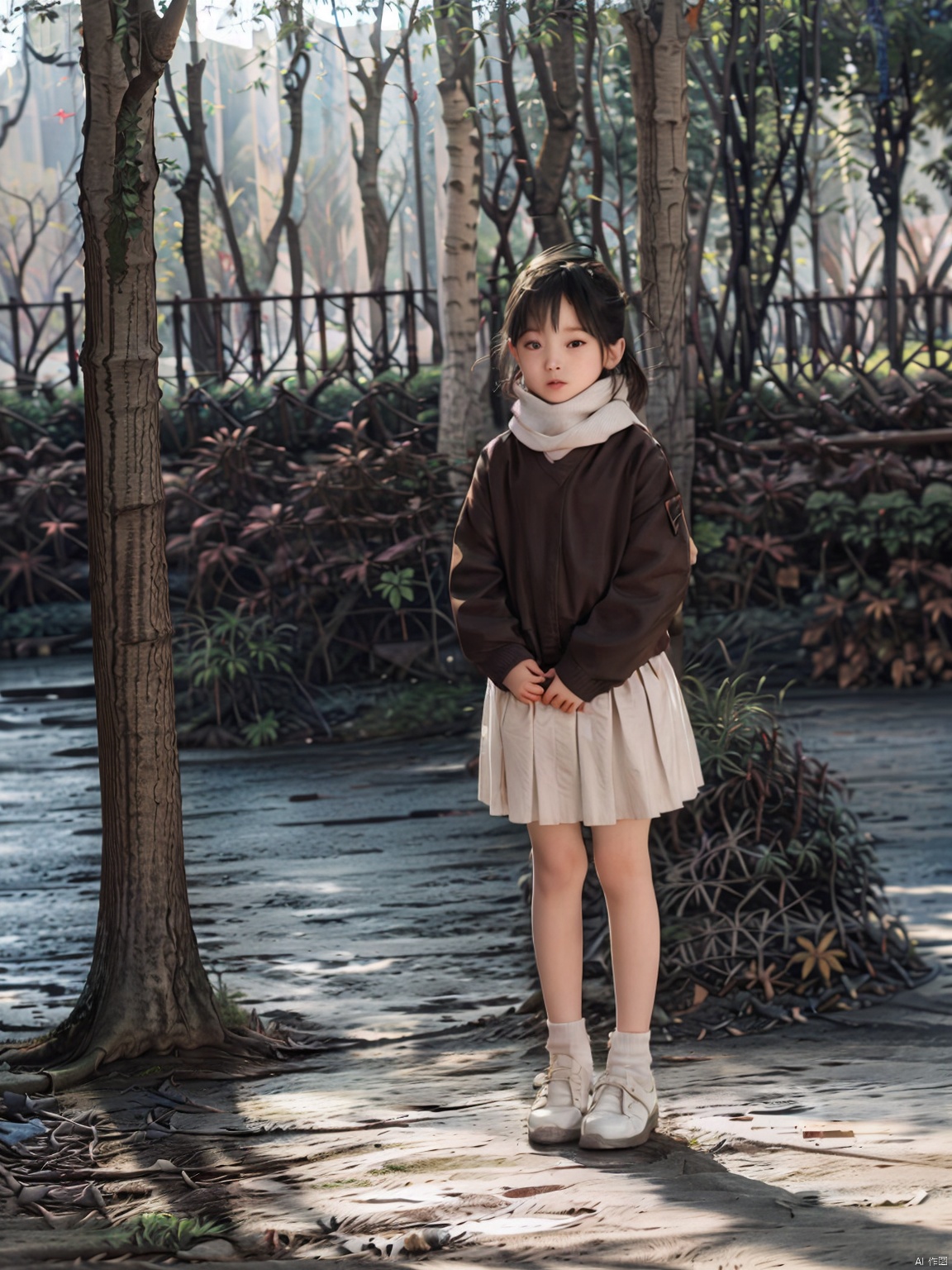 1girl, solo, long hair, skirt, brown hair, long sleeves, standing, full body, outdoors, shoes, day, striped, scarf, blurry, tree, blurry background, shadow, red skirt, white footwear, female child, road, street, photo background