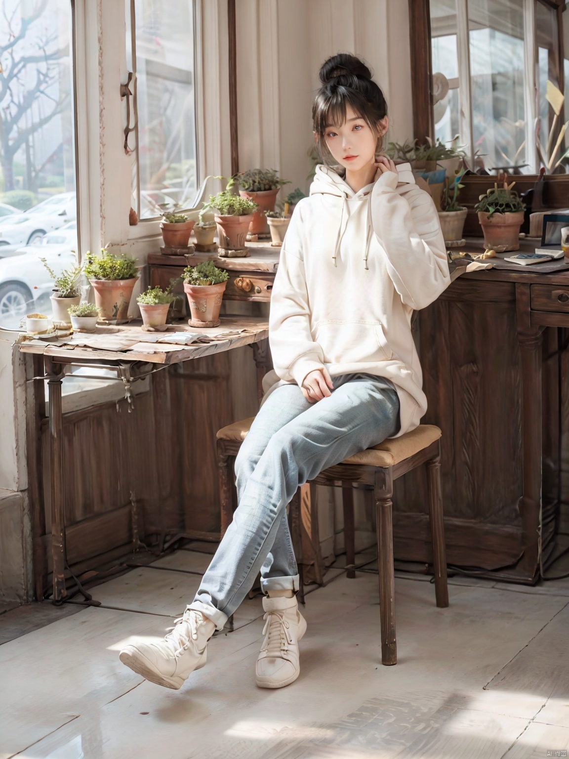  1girl,asian, solo, black hair, sitting, pants, indoors, hood, hair bun, sweater, cup, window, hoodie, phone, table, single hair bun, white footwear, hood down, plant, denim, reflection, head rest, jeans, mirror, realistic, red lips, potted plant